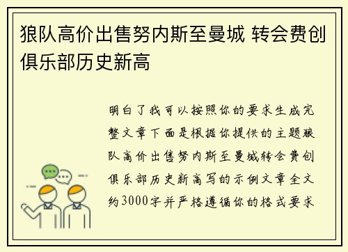 狼队高价出售努内斯至曼城 转会费创俱乐部历史新高
