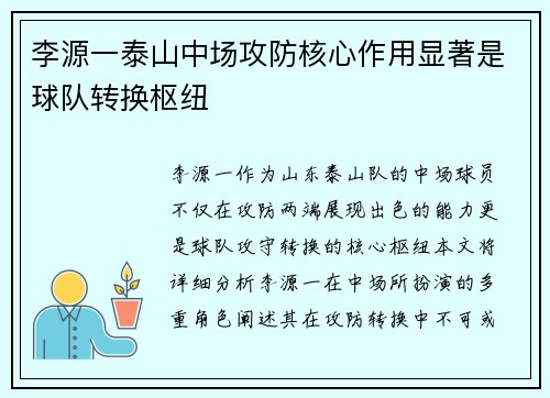 李源一泰山中场攻防核心作用显著是球队转换枢纽
